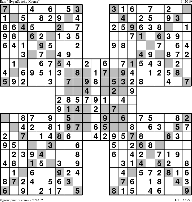 The grouppuzzles.com Easy HyperSudoku-Xtreme puzzle for Tuesday July 22, 2025
