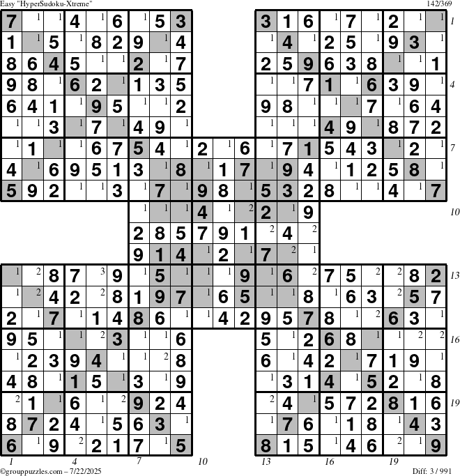 The grouppuzzles.com Easy HyperSudoku-Xtreme puzzle for Tuesday July 22, 2025 with all 3 steps marked