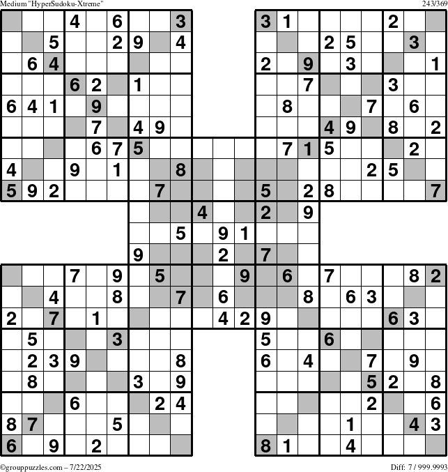 The grouppuzzles.com Medium HyperSudoku-Xtreme puzzle for Tuesday July 22, 2025