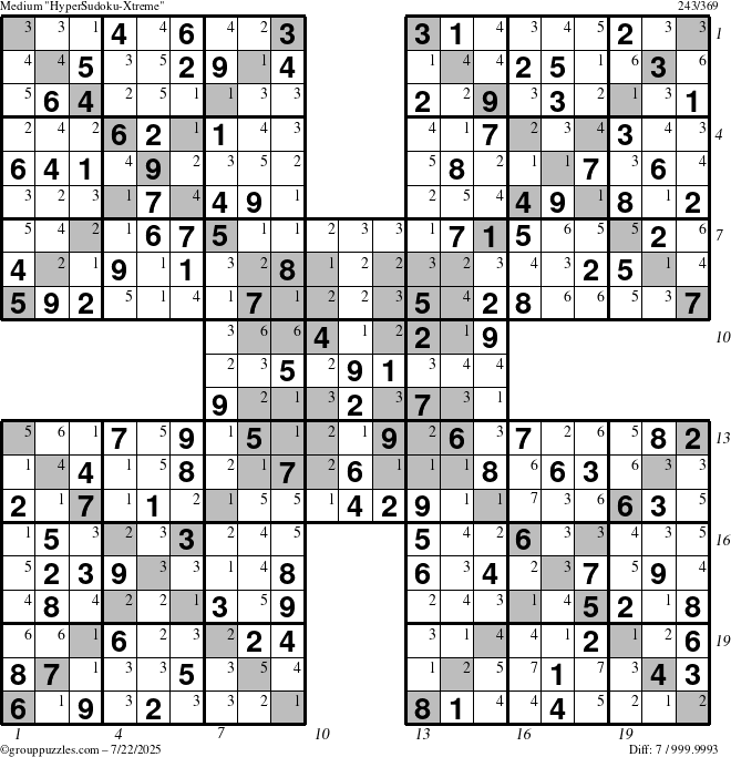 The grouppuzzles.com Medium HyperSudoku-Xtreme puzzle for Tuesday July 22, 2025, suitable for printing, with all 7 steps marked