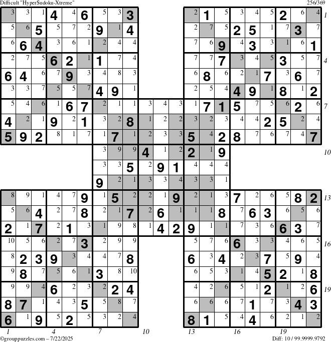 The grouppuzzles.com Difficult HyperSudoku-Xtreme puzzle for Tuesday July 22, 2025 with all 10 steps marked