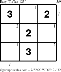 The grouppuzzles.com Easy TicTac-123 puzzle for Tuesday July 22, 2025 with all 2 steps marked