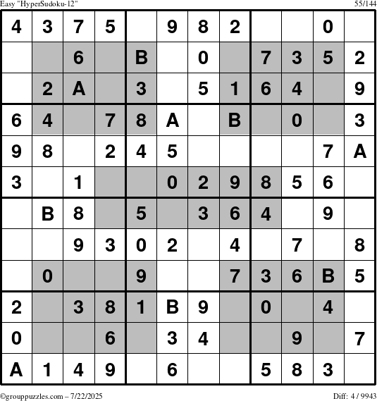The grouppuzzles.com Easy HyperSudoku-12 puzzle for Tuesday July 22, 2025