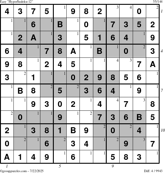 The grouppuzzles.com Easy HyperSudoku-12 puzzle for Tuesday July 22, 2025 with all 4 steps marked