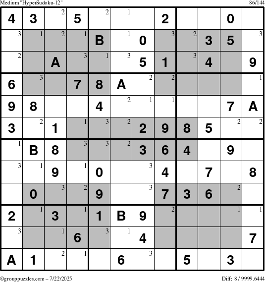 The grouppuzzles.com Medium HyperSudoku-12 puzzle for Tuesday July 22, 2025 with the first 3 steps marked