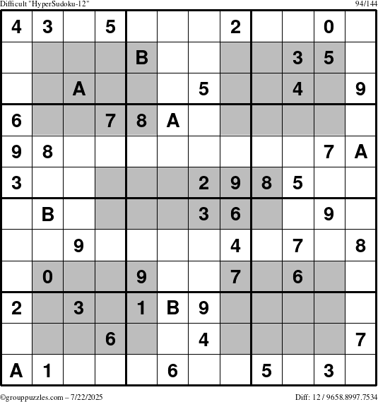 The grouppuzzles.com Difficult HyperSudoku-12 puzzle for Tuesday July 22, 2025