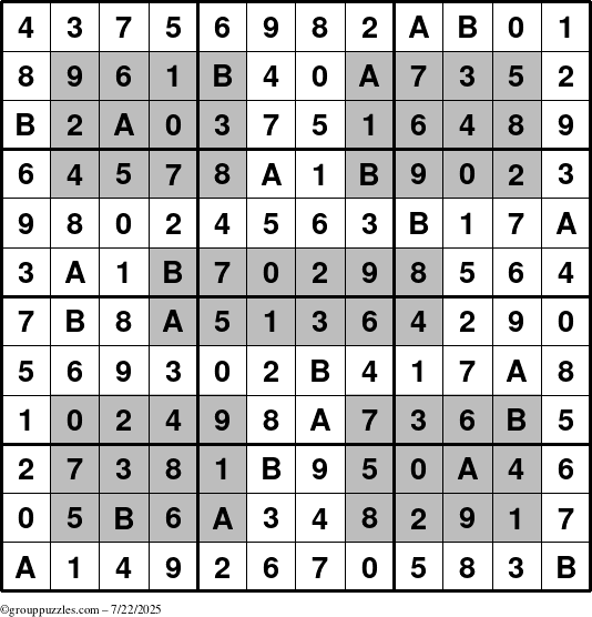 The grouppuzzles.com Answer grid for the HyperSudoku-12 puzzle for Tuesday July 22, 2025