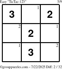 The grouppuzzles.com Easy TicTac-123 puzzle for Tuesday July 22, 2025 with the first 2 steps marked
