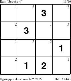 The grouppuzzles.com Easy Sudoku-4 puzzle for Saturday January 25, 2025 with the first 3 steps marked