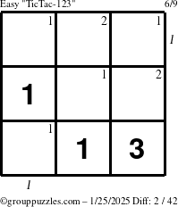 The grouppuzzles.com Easy TicTac-123 puzzle for Saturday January 25, 2025 with all 2 steps marked