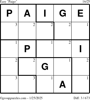 The grouppuzzles.com Easy Paige puzzle for Saturday January 25, 2025 with the first 3 steps marked