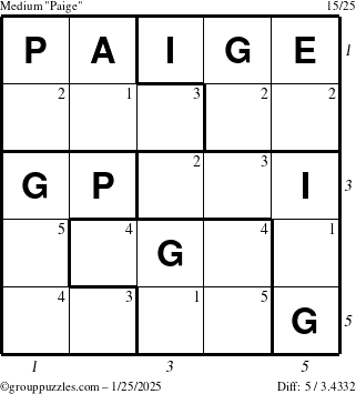 The grouppuzzles.com Medium Paige puzzle for Saturday January 25, 2025 with all 5 steps marked