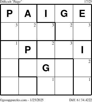 The grouppuzzles.com Difficult Paige puzzle for Saturday January 25, 2025 with the first 3 steps marked