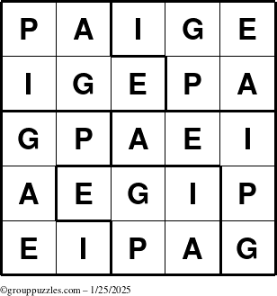 The grouppuzzles.com Answer grid for the Paige puzzle for Saturday January 25, 2025