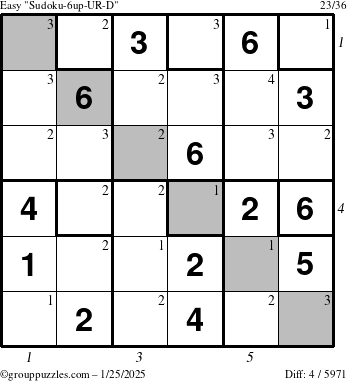 The grouppuzzles.com Easy Sudoku-6up-UR-D puzzle for Saturday January 25, 2025 with all 4 steps marked