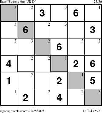 The grouppuzzles.com Easy Sudoku-6up-UR-D puzzle for Saturday January 25, 2025 with the first 3 steps marked