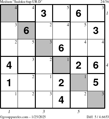 The grouppuzzles.com Medium Sudoku-6up-UR-D puzzle for Saturday January 25, 2025 with all 5 steps marked