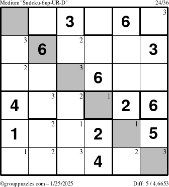 The grouppuzzles.com Medium Sudoku-6up-UR-D puzzle for Saturday January 25, 2025 with the first 3 steps marked