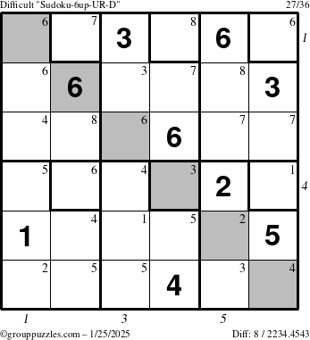 The grouppuzzles.com Difficult Sudoku-6up-UR-D puzzle for Saturday January 25, 2025 with all 8 steps marked