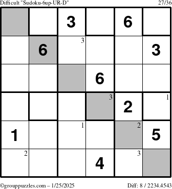 The grouppuzzles.com Difficult Sudoku-6up-UR-D puzzle for Saturday January 25, 2025 with the first 3 steps marked