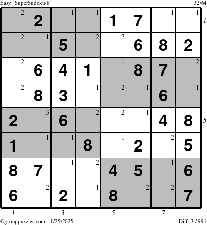 The grouppuzzles.com Easy SuperSudoku-8 puzzle for Saturday January 25, 2025 with all 3 steps marked