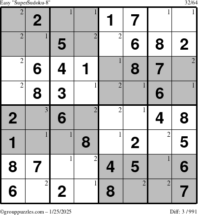 The grouppuzzles.com Easy SuperSudoku-8 puzzle for Saturday January 25, 2025 with the first 3 steps marked