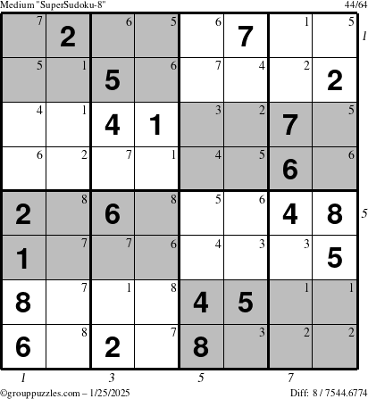 The grouppuzzles.com Medium SuperSudoku-8 puzzle for Saturday January 25, 2025 with all 8 steps marked