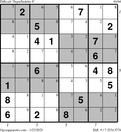 The grouppuzzles.com Difficult SuperSudoku-8 puzzle for Saturday January 25, 2025 with all 9 steps marked