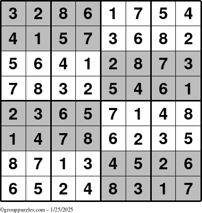 The grouppuzzles.com Answer grid for the SuperSudoku-8 puzzle for Saturday January 25, 2025