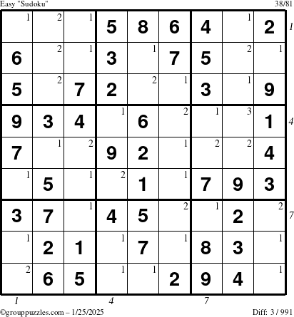 The grouppuzzles.com Easy Sudoku puzzle for Saturday January 25, 2025 with all 3 steps marked