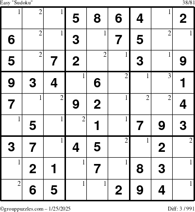 The grouppuzzles.com Easy Sudoku puzzle for Saturday January 25, 2025 with the first 3 steps marked