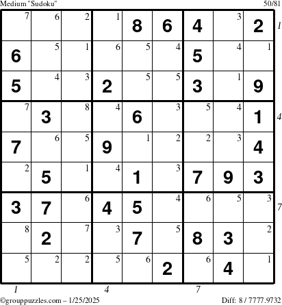 The grouppuzzles.com Medium Sudoku puzzle for Saturday January 25, 2025, suitable for printing, with all 8 steps marked