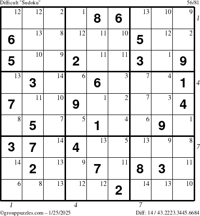 The grouppuzzles.com Difficult Sudoku puzzle for Saturday January 25, 2025 with all 14 steps marked