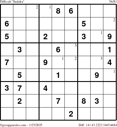 The grouppuzzles.com Difficult Sudoku puzzle for Saturday January 25, 2025 with the first 3 steps marked