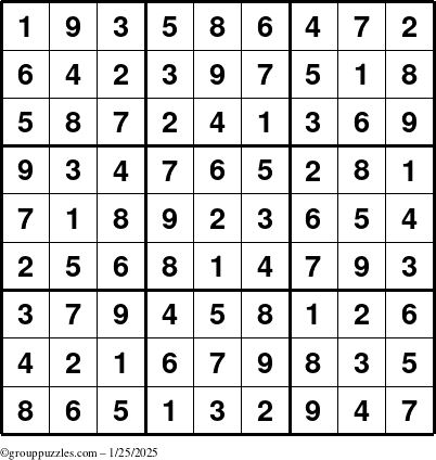 The grouppuzzles.com Answer grid for the Sudoku puzzle for Saturday January 25, 2025