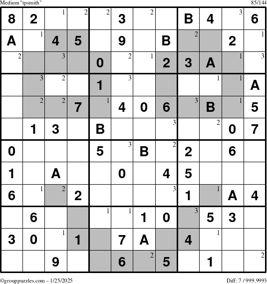 The grouppuzzles.com Medium tpsmith puzzle for Saturday January 25, 2025 with the first 3 steps marked