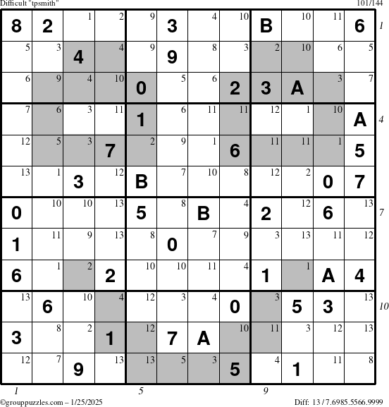 The grouppuzzles.com Difficult tpsmith puzzle for Saturday January 25, 2025 with all 13 steps marked