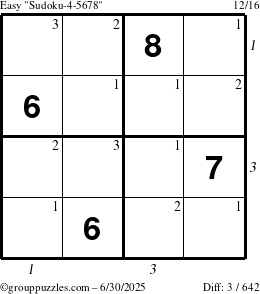 The grouppuzzles.com Easy Sudoku-4-5678 puzzle for Monday June 30, 2025 with all 3 steps marked