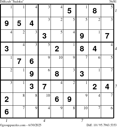 The grouppuzzles.com Difficult Sudoku puzzle for Monday June 30, 2025, suitable for printing, with all 10 steps marked