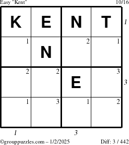 The grouppuzzles.com Easy Kent puzzle for Thursday January 2, 2025, suitable for printing, with all 3 steps marked