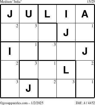 The grouppuzzles.com Medium Julia puzzle for Thursday January 2, 2025 with the first 3 steps marked