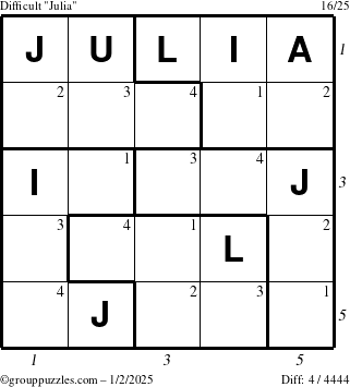 The grouppuzzles.com Difficult Julia puzzle for Thursday January 2, 2025 with all 4 steps marked