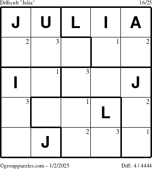 The grouppuzzles.com Difficult Julia puzzle for Thursday January 2, 2025 with the first 3 steps marked