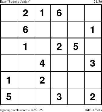 The grouppuzzles.com Easy Sudoku-Junior puzzle for Thursday January 2, 2025