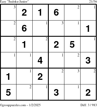 The grouppuzzles.com Easy Sudoku-Junior puzzle for Thursday January 2, 2025 with the first 3 steps marked