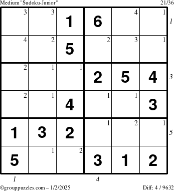 The grouppuzzles.com Medium Sudoku-Junior puzzle for Thursday January 2, 2025 with all 4 steps marked