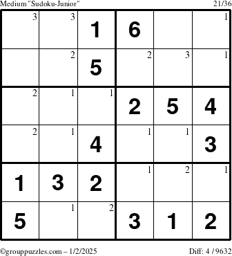 The grouppuzzles.com Medium Sudoku-Junior puzzle for Thursday January 2, 2025 with the first 3 steps marked