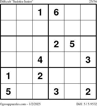 The grouppuzzles.com Difficult Sudoku-Junior puzzle for Thursday January 2, 2025