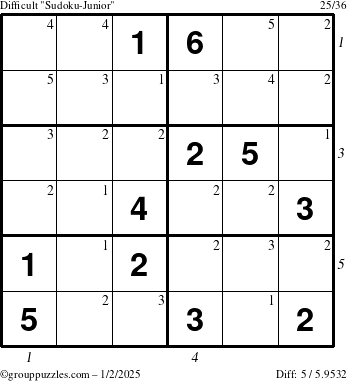 The grouppuzzles.com Difficult Sudoku-Junior puzzle for Thursday January 2, 2025 with all 5 steps marked