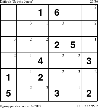 The grouppuzzles.com Difficult Sudoku-Junior puzzle for Thursday January 2, 2025 with the first 3 steps marked